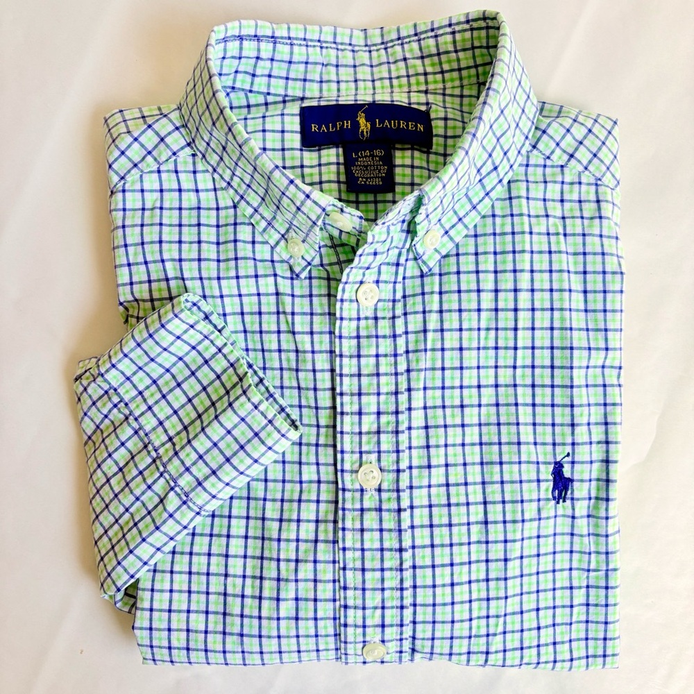 Ralph Lauren Boys Youth Large 14 - 16 Blue Green Plaid Button Down Shirt Preppy